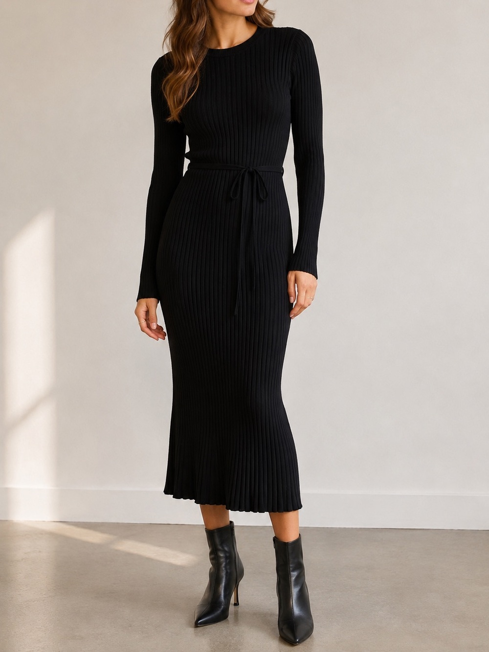 Quince Cotton Cashmere Ribbed Long Sleeve Midi Dress Black Size L